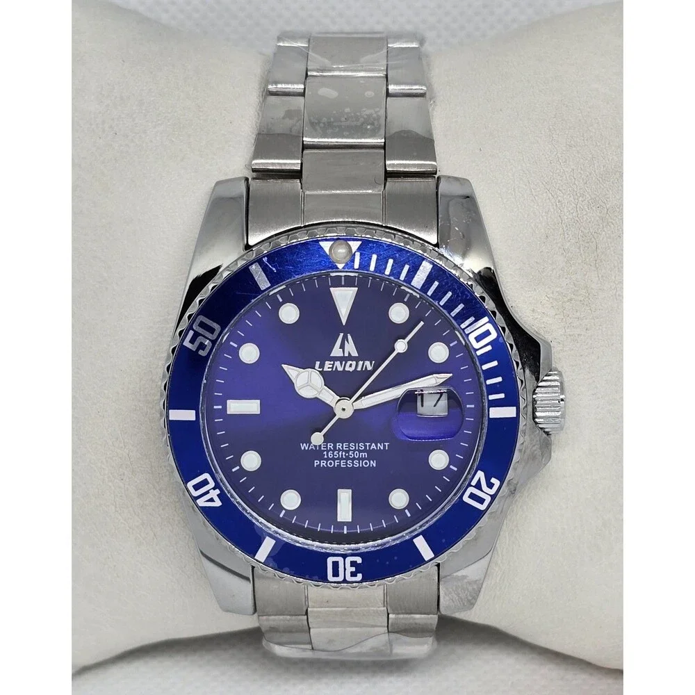 Men's Lenqin Classic Silver Tone Blue Dial Luminous Date Bracelet Watch 13